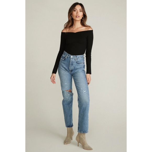 Belen Black Stella Ribbed Long Sleeve Off the Shoulder V-Neck Top EUC Size M - Picture 5 of 10